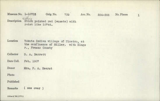 Documentation associated with Hearst Museum object titled Walking stick, accession number 1-10753, described as Painted red with point like 10744.
