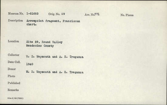 Documentation associated with Hearst Museum object titled Projectile point, accession number 1-51683, described as Arrow point fragment, Franciscan chert.