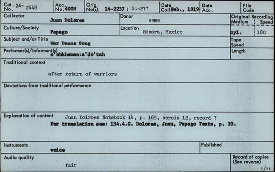 Documentation associated with Hearst Museum object titled Audio recording, accession number 24-2448, described as War Dance Song Notebook 14, p.165 Series 12, Record 7