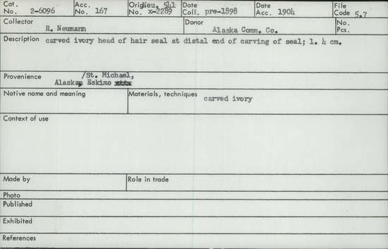 Documentation associated with Hearst Museum object titled Zoomorph, accession number 2-6096, described as Carved ivory head of hair seal at distal end of carving of seal.