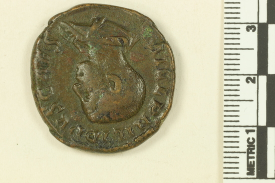 Hearst Museum object titled Coin: æ sestertius, accession number 8-9459, described as Æ sestertius. Philippus II. Obverse: Head. Reverse: Princeps Inventus.