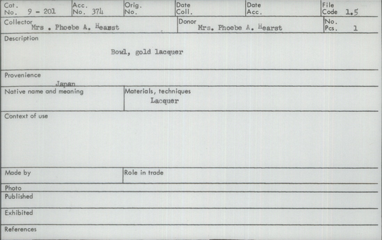 Documentation associated with Hearst Museum object titled Bowl, accession number 9-201, described as Bowl, Gold Lacquer