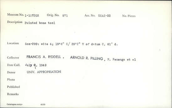 Documentation associated with Hearst Museum object titled Worked bone, accession number 1-107203, described as Pointed bone