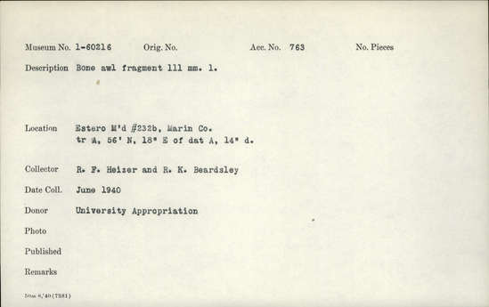 Documentation associated with Hearst Museum object titled Awl fragment, accession number 1-60216, described as Bone. Notice: Image restricted due to its potentially sensitive nature. Contact Museum to request access.