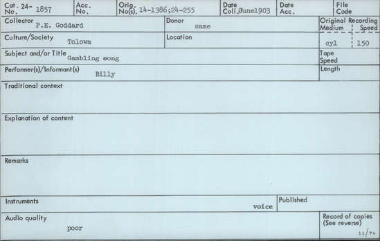 Documentation associated with Hearst Museum object titled Audio recording, accession number 24-1857, described as Gambling Song