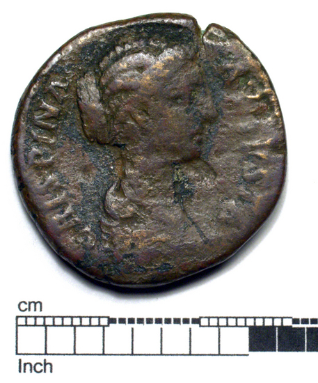 Hearst Museum object titled Coin: æ sestertius, accession number 8-6209, described as Coin: Æ. Sestertius. Crispina. 19.56 grams. Obverse: CRISPINA AVGVSTA - Bust facing right, draped. Reverse: illegible; figure seated facing left.