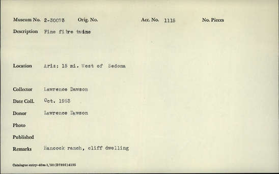 Documentation associated with Hearst Museum object titled Twine, accession number 2-30073, described as Fine fibre twine