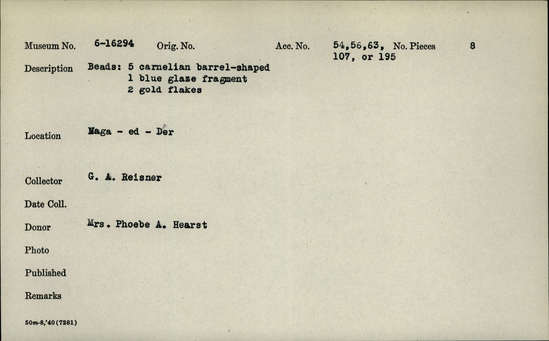 Documentation associated with Hearst Museum object titled Beads, accession number 6-16294, described as Beads and amulet fragments: 5 carnelian barrel-shaped, 1 blue glaze fragment, 2 gold flakes