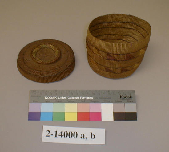 Hearst Museum object 1 of 3 titled Basket and lid, accession number 2-14000a,b, described as (a) Overlay twined basket, cylindrical red and yellow triangles. (b) Openwork lid with handle. (b) Lid with raised section for a handle.