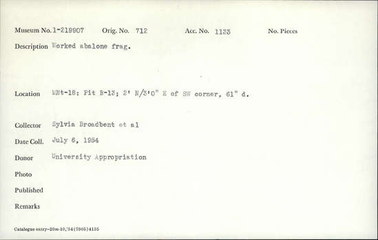 Documentation associated with Hearst Museum object titled Shell fragment, accession number 1-219907, described as Worked.