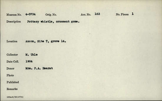 Documentation associated with Hearst Museum object titled Whistle, accession number 4-5734, no description available.