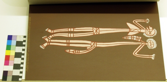 Hearst Museum object 5 of 7 titled Silkscreen, accession number 17-569a-f, described as Album of reproductions of bark paintings of Arnhem Land and the islands. Third in a series of four. This one on Oenpelli.