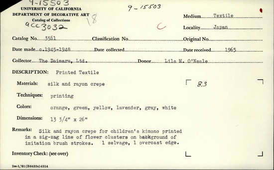 Documentation associated with Hearst Museum object titled Textile fragment, accession number 9-15503, described as Printed textile; silk and rayon crepe; printing; orange, green, yellow, lavender, grey, white; 13 3/4 by 26 inches; children's kimono printed in a zig-zag line of flower clusters on background of imitation brush strokes. 1 selvage, 1 overcast edge.