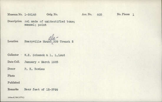 Documentation associated with Hearst Museum object titled Awl, accession number 1-26148, described as mammal bone