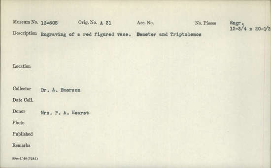 Documentation associated with Hearst Museum object titled Roman drawing, accession number 13-605, described as Engraving of a red figured vase. Demeter and Triptolemos.