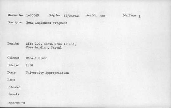 Documentation associated with Hearst Museum object titled Implement fragment, accession number 1-35543, described as Bone