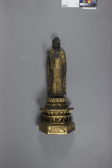 Hearst Museum object titled Buddha, accession number 9-136, described as Wooden statue of Buddha standing.  Flesh black, rest gilt.