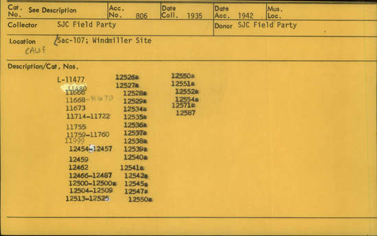 Documentation associated with Hearst Museum object titled Arrowhead, accession number L-12514, described as Obsidian