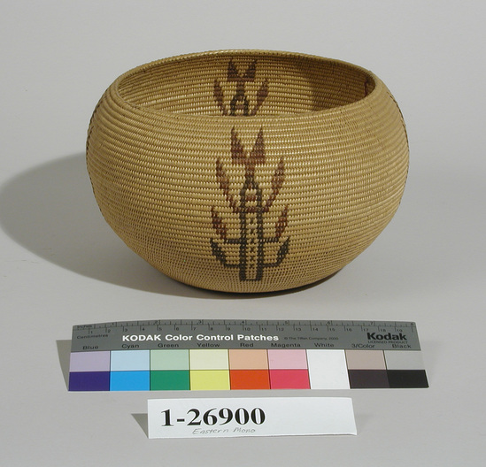 Hearst Museum object titled Bowl basket, accession number 1-26900, described as Coiled bowl with incurved rim.  Brown and black.  Floral design.