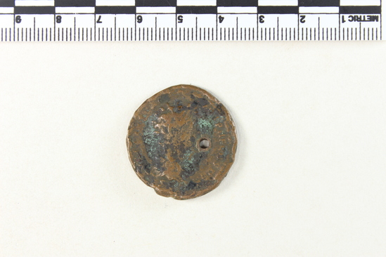 Hearst Museum object 5 of 8 titled Coin: æ as, accession number 8-6092, described as Coin; Æ; aes grave; as; Antoninus Pius (M. Aurelius) - 10.06 grams. Obverse: ANTONINVS AVG [PIVS]P[P] - Head laureate, facing right. Reverse: AVRELIVS CAES AVG PII F COS DES, SC in exergue - Bust draped facing right, head bare.