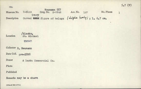 Documentation associated with Hearst Museum object titled Zoomorph, accession number 2-6153, described as Carved ivory figure of beluga; "(dolphin family)" added in pen.