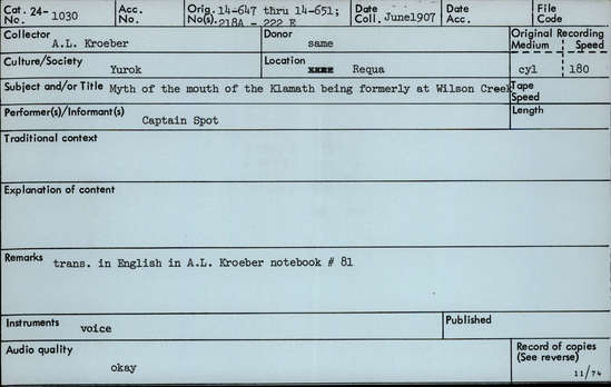 Documentation associated with Hearst Museum object titled Audio recording, accession number 24-1030, described as Myth of the mouth of the Klamath being formerly at Wilson Creek