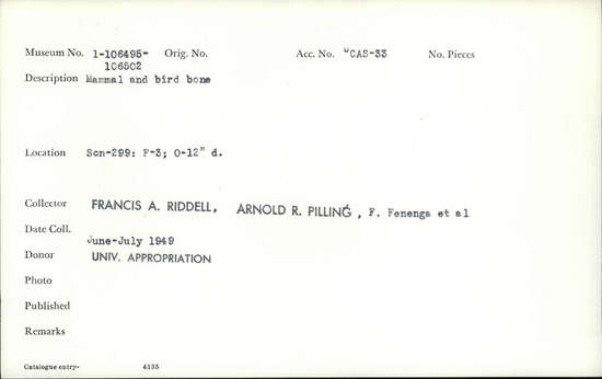 Documentation associated with Hearst Museum object titled Faunal remains, accession number 1-106501, described as Mammal and bird.