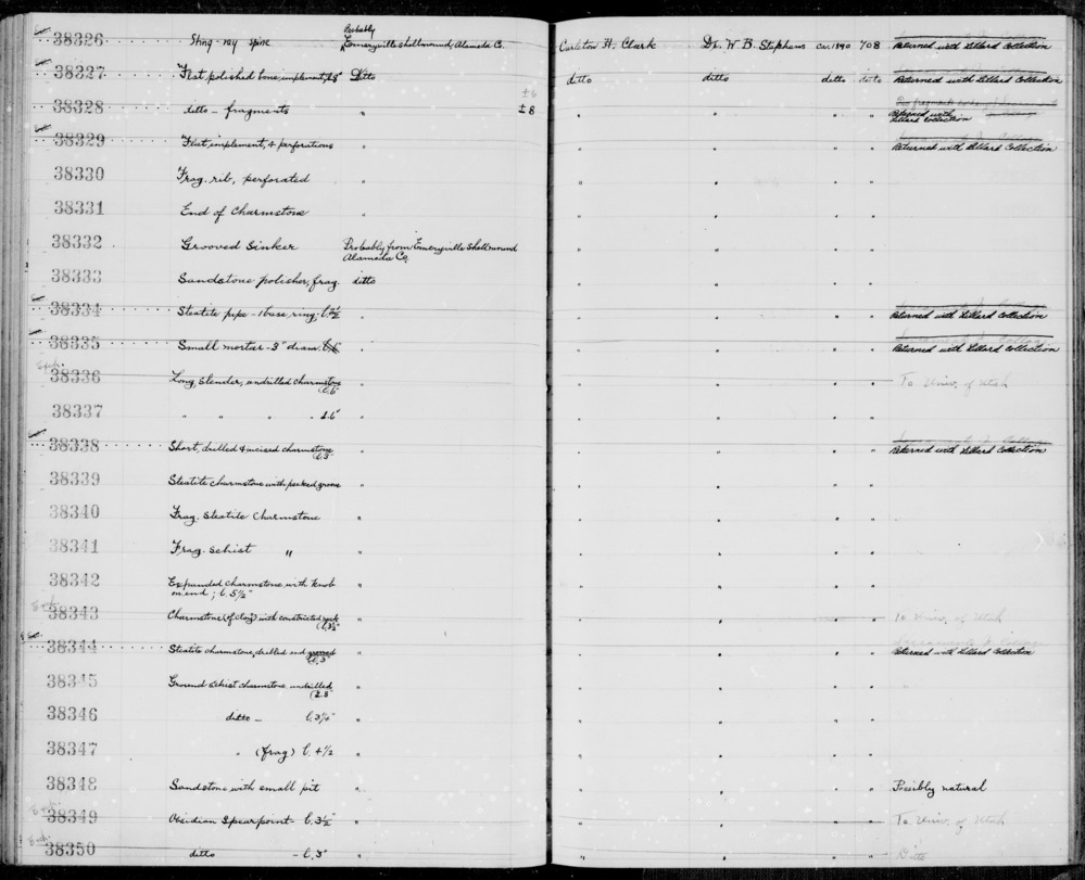 Documentation associated with Hearst Museum object titled Charmstone, accession number 1-38336, described as Long, slender, undrilled charmstone, 6 inches.