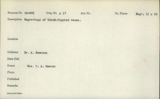 Documentation associated with Hearst Museum object titled Roman drawing, accession number 13-601, described as Engravings of black-figured vases.