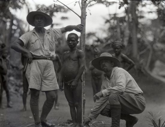 Hearst Museum object titled Black and white negative, accession number 15-32254, described as 4" x 5" Negative. Hoefler and another member of the expedition measure an Ituri man.  Hoefler's original description: "Belgian Congo. Ituri forest pygmy being measured.