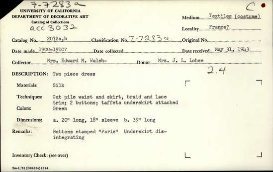 Documentation associated with Hearst Museum object titled Dress: bodice and skirt, accession number 7-7283a,b, described as two piece dress, silk a)Bodice, cream colored weighted silk lining is cut out. Full elbow length sleeves. Bodice fastens center front with a slight V and elevated above the natural waistline in the back. The color of the dress fabric is a luscious olive. Metallic silver, gold and a dull gray brown passementerie is used to trim the neck and create a tab fretwork down the front. The neckline, down the front is filled with a double ruffle of ecru embroidered net. The neck and the bands over the shoulders are made out of green cord, laid in a lace-like pattern, accentuated with crests and circles of dark and light green embroidery. A double ribbon rosette on either side, in the front, centered with a button featuring a cross motif is above the natural bust-line. Two such embellishments fall onto the skirt on the front and one in the center back. The sleeves are decorated with two vertical tucks and the cuff is trimmed with the same passementerie as used on the front of the bodice. One of the embroidered circles used in the cord decoration and a different flounce in an embroidered net in ecru. Two hooks in the inside back of the bodice will fasten the bodice to the skirt. The waistband is pleated, cummerbund like of dark green, plain-weave silk.  b)Skirt with train. Forest, sea foam, green silk lining was cut out. The front is decorated with twin panels of passementerie, laid out in a tab-like pattern to harmonize with what is in the bodice. The two eyes that would receive the hooks from the bodice to hold the garment in place are still present. The hem is finished with one inch horsehair to protect the garment from wear.  Even though the lining has been removed from this garment, it is still in good condition.
