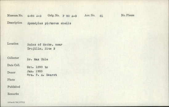 Documentation associated with Hearst Museum object titled Shell, accession number 4-98a, described as Spondylus pictorum shells