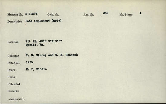 Documentation associated with Hearst Museum object titled Awl ?, accession number 2-12376, described as Bone implement.