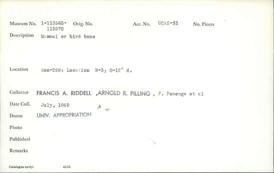 Documentation associated with Hearst Museum object titled Faunal remains, accession number 1-113568, described as Mammal or bird.