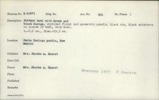 Documentation associated with Hearst Museum object titled Bowl, accession number 2-10071, described as Pottery, with brown and black design. Stylized floral and geometric panels. Black rim, black splatters on inside of bowl. Very worn.
