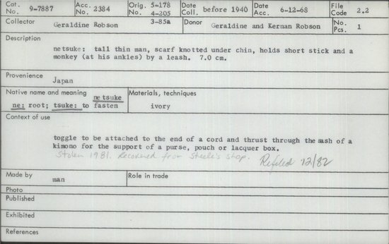 Documentation associated with Hearst Museum object titled Netsuke, accession number 9-7887, described as netsuke: tall thin man, scarf knotted under chin, holds short stick and a monkey (at his ankles) by a leash.