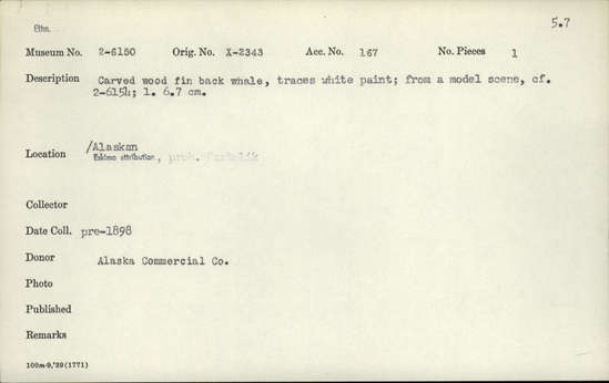 Documentation associated with Hearst Museum object titled Zoomorph, accession number 2-6150, described as Carved wood fin back whale.  Traces of white paint.  From a model scene.