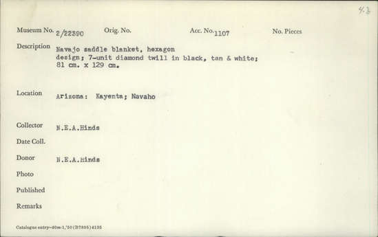 Documentation associated with Hearst Museum object titled Saddle blanket, accession number 2-22390, described as Saddle blanket, hexagon design; 7-unit diamond twill in black, tan and white.