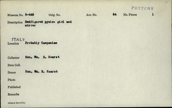 Documentation associated with Hearst Museum object titled Pyxis, accession number 8-448a, described as Redfigured pyxis: girl and mirror