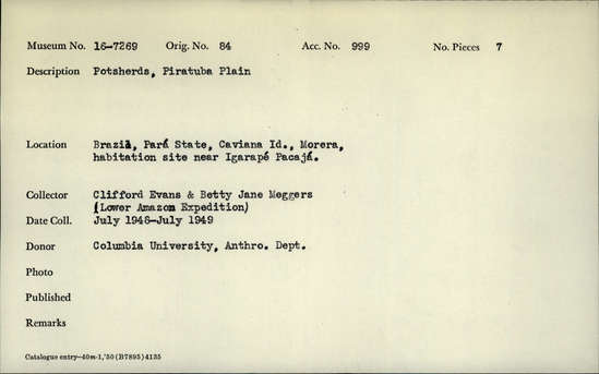 Documentation associated with Hearst Museum object titled Potsherds, accession number 16-7269, described as Potsherds, Piratuba Plain