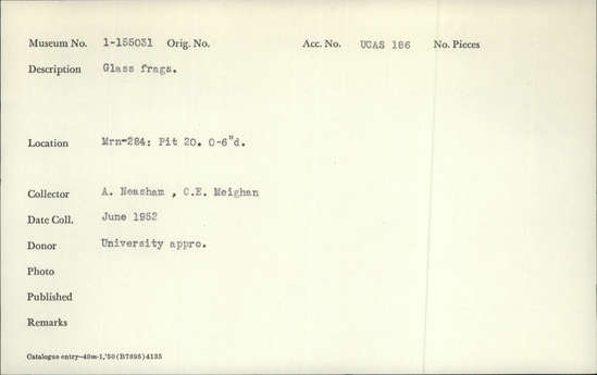 Documentation associated with Hearst Museum object titled Glass fragments, accession number 1-155031, described as Glass fragments. Notice: Image restricted due to its potentially sensitive nature. Contact Museum to request access.