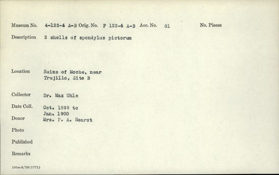 Documentation associated with Hearst Museum object titled Shell, accession number 4-122b, described as Two shells of spondylus pictorum.