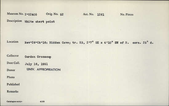 Documentation associated with Hearst Museum object titled Stone point, accession number 2-32405, described as White chert point.