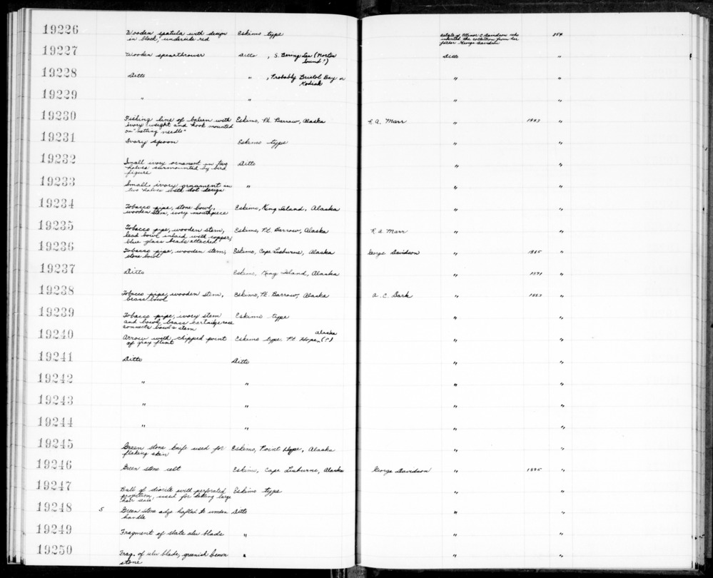 Documentation associated with Hearst Museum object titled Spear-thrower, accession number 2-19229, described as Red stained spruce. 1 wood peg, stump of another peg.