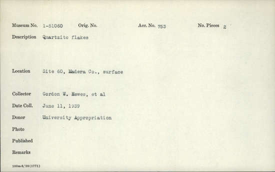 Documentation associated with Hearst Museum object titled Flakes, accession number 1-51060, described as quartzite flakes