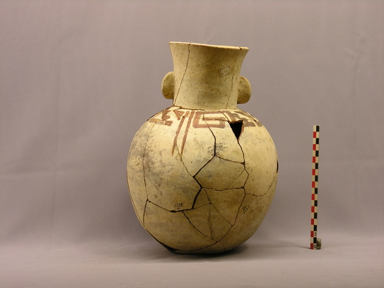 Hearst Museum object titled Jar, accession number 4-3367, described as Large jar, triangular figures in red