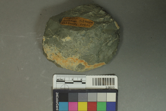 Hearst Museum object titled Hammerstone, accession number 2-58515, described as hammerstone of green chert, oval shape, 9 cm. length, battered around periphery