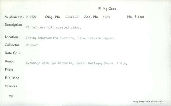 Documentation associated with Hearst Museum object titled Core, accession number 9-6436, described as Fluted core with crested ridge.