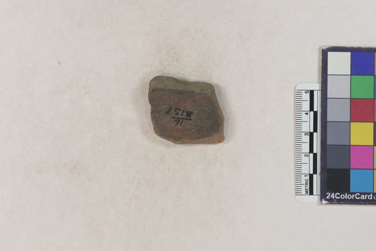 Hearst Museum object titled Potsherd, accession number 16-8157, described as Potsherd; body, ridge forms Section of Manta on beach currently inhabited. Numbers  8111 to 8194 are sherds picked up on beach at low tide.