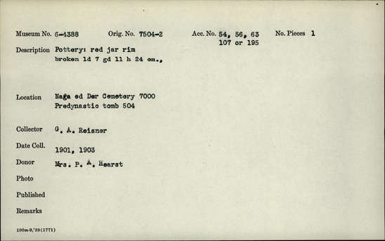 Documentation associated with Hearst Museum object titled Broken jar, accession number 6-4388, described as Pottery, red jar, rim broken; least diameter 7, greatest diameter 11, height 24 cm.